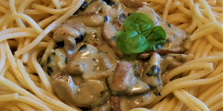 Špagety s bazalkovými houbami  (Dělená strava podle LK - Kytičky + zelenina)