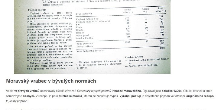 Moravský vrabec podle Receptur teplých pokrmů (podle ČSN)