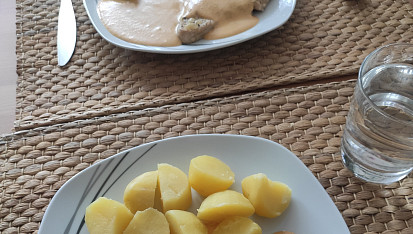 Kuřecí kousky v zakysané smetaně s česnekem, Lze uvařit i s plátkem masa a rozmixovanou omáčkou :)