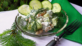 Fazolový salát se salátovou okurkou a zakysanou smetanou s koprem