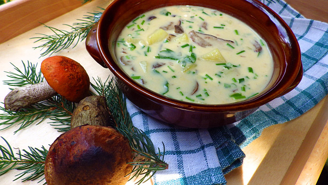 Jemná bramborová polévka se smetanou a lesními houbami