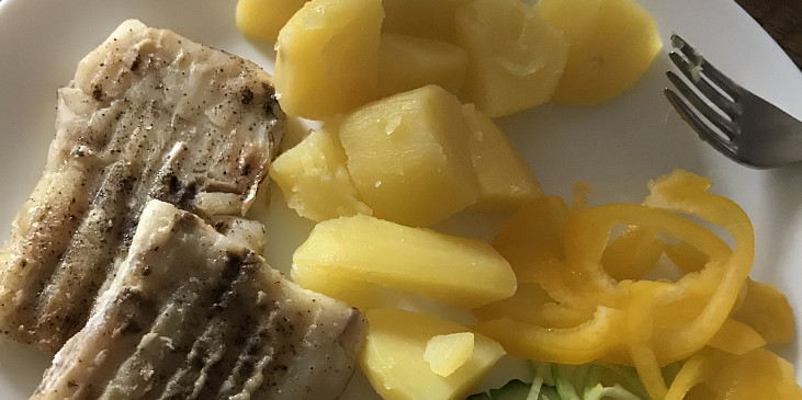 Rybí filé s bramborami, pórkem a okurkou (Rybí filé, brambory, okurky a pórek)