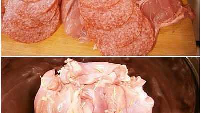 Kuřecí závitky na cibuli, loupaných rajčatech a rajčatové šťávě z PH