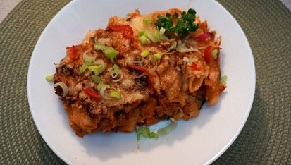 Zapečené penne se zeleninou a kuřecím masem