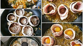 Žampiony s česnekovým bokem a vejci dušené v pánvi
