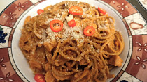 Dýňové krémové špagety s kuřecím masem