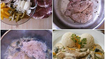 Vepřový plátek z krkovice na žampionech, zelenině a smetaně v papiňáku