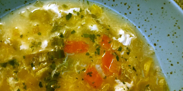 Pórková polévka s mrkví, fenyklem a vejcem