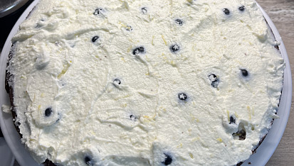 Borůvkový dort s kakaovým korpusem s citronovým krémem z mascarpone