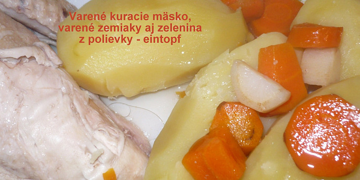 Eintopf - oběd z jednoho hrnce (Vařené kuřecí, brambory a zelenina z polévky -…)