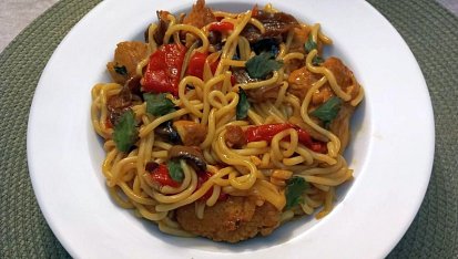 Nudle udon s ústřicovou omáčkou a krůtím masem