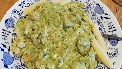 Penne se špenátem, kari, nivou a kuřecím masem