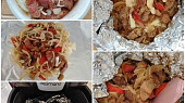 Vepřové nudličky s cibulí v alobalovém balíčku v horkovzdušné fritéze