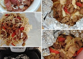 Vepřové nudličky s cibulí v alobalovém balíčku v horkovzdušné fritéze