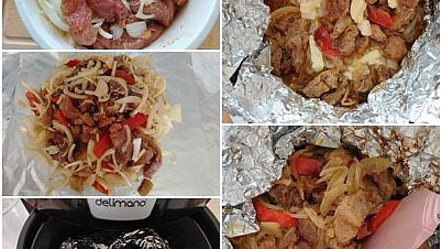 Vepřové nudličky s cibulí v alobalovém balíčku v horkovzdušné fritéze