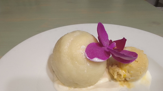 Meruňkové knedlíky plněné oříškovým máslem, citrónový sorbet