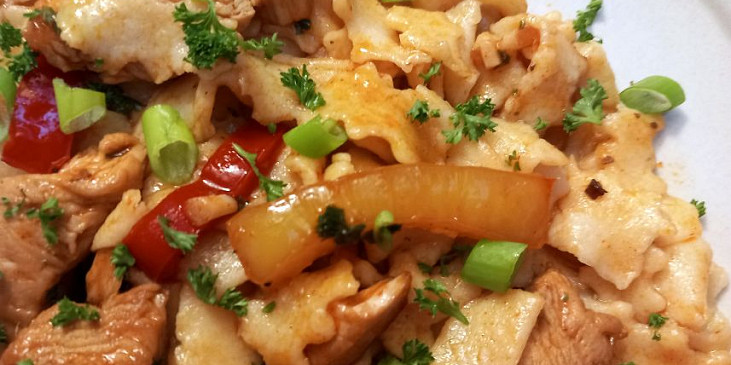 Domácí nudle s krůtím masem a paprikami