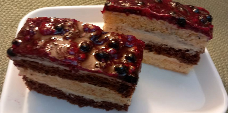 Dvoubarevné řezy  s krémem a ovocem v želatině