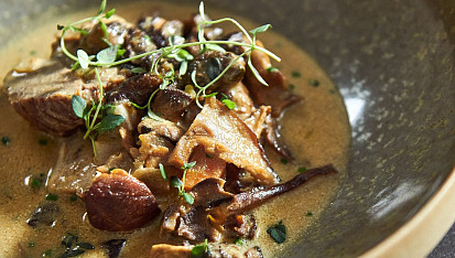 Pečené telecí hrudí s hříbkovou omáčkou podle Honzy Punčocháře