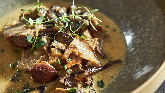 Pečené telecí hrudí s hříbkovou omáčkou podle Honzy Punčocháře