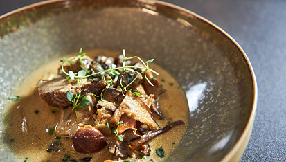 Pečené telecí hrudí s hříbkovou omáčkou podle Honzy Punčocháře