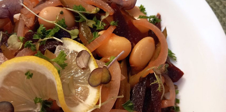 Salát z červené řepy, okurek, fazolí a cibule