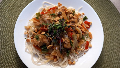 Kuřecí kousky v zelenině s nudlemi v asijském stylu