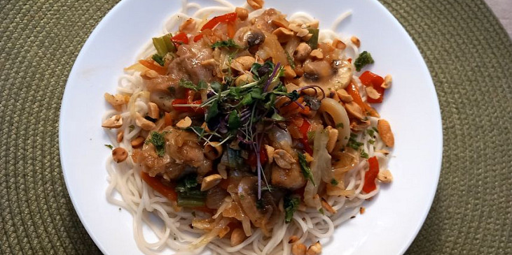 Kuřecí kousky v zelenině s nudlemi v asijském stylu