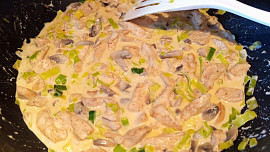 Smetanové kuřecí nudličky se žampiony, pórkem a pomerančovou šťávou