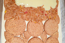 Navrstvit:Těsto, sušenky, jabka, pudink a druhý těsto