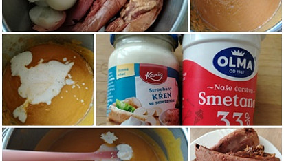 Uzený vepřový jazyk se zeleninovou omáčkou se smetanou