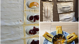 Listové mřížky s pudinkem a ovocem