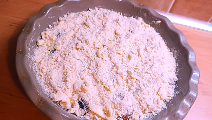 Švestkový (meruňkový) drobenkový koláč s pudinkovým tvarohem pro Fikinu