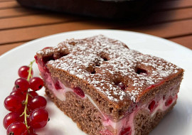 Hrníčkový kakaový koláč s tvarohem a rybízem