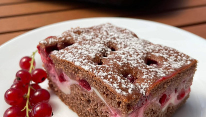 Hrníčkový kakaový koláč s tvarohem a rybízem