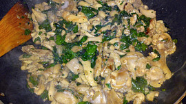 Těstoviny s kuřecím stehenním masem, žampiony a špenátem