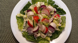 Salát z bílé ředkve s okurkou a ředkvičkami tří barev