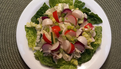 Salát z bílé ředkve s okurkou a ředkvičkami tří barev