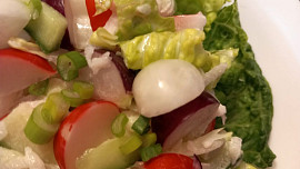 Salát z bílé ředkve s okurkou a ředkvičkami tří barev