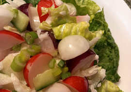 Salát z bílé ředkve s okurkou a ředkvičkami tří barev