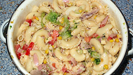 Těstovinový salát s pečeným kuřecím masem a zeleninou