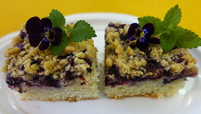 Křehký koláč sypaný borůvkami a drobenkou