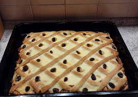 Mřížkový koláč s tvarohem z bramborového těsta.