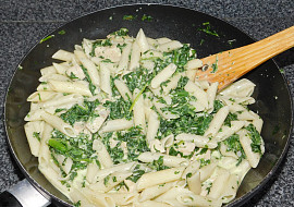 Domácí noky s kuřecím masem a špenátem na smetaně (Místo noků jsem uvařila Penne....)